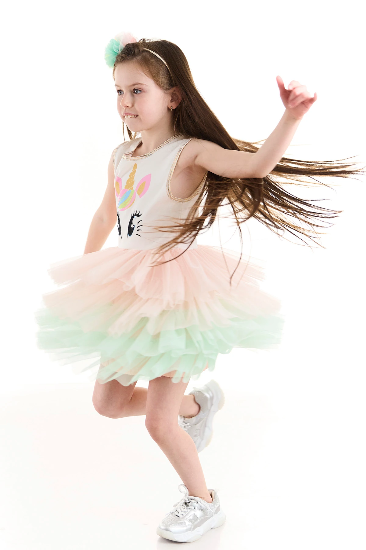 Unicorn Nakış İşlemeli Baskılı Kız Çocuk Tütü Elbise