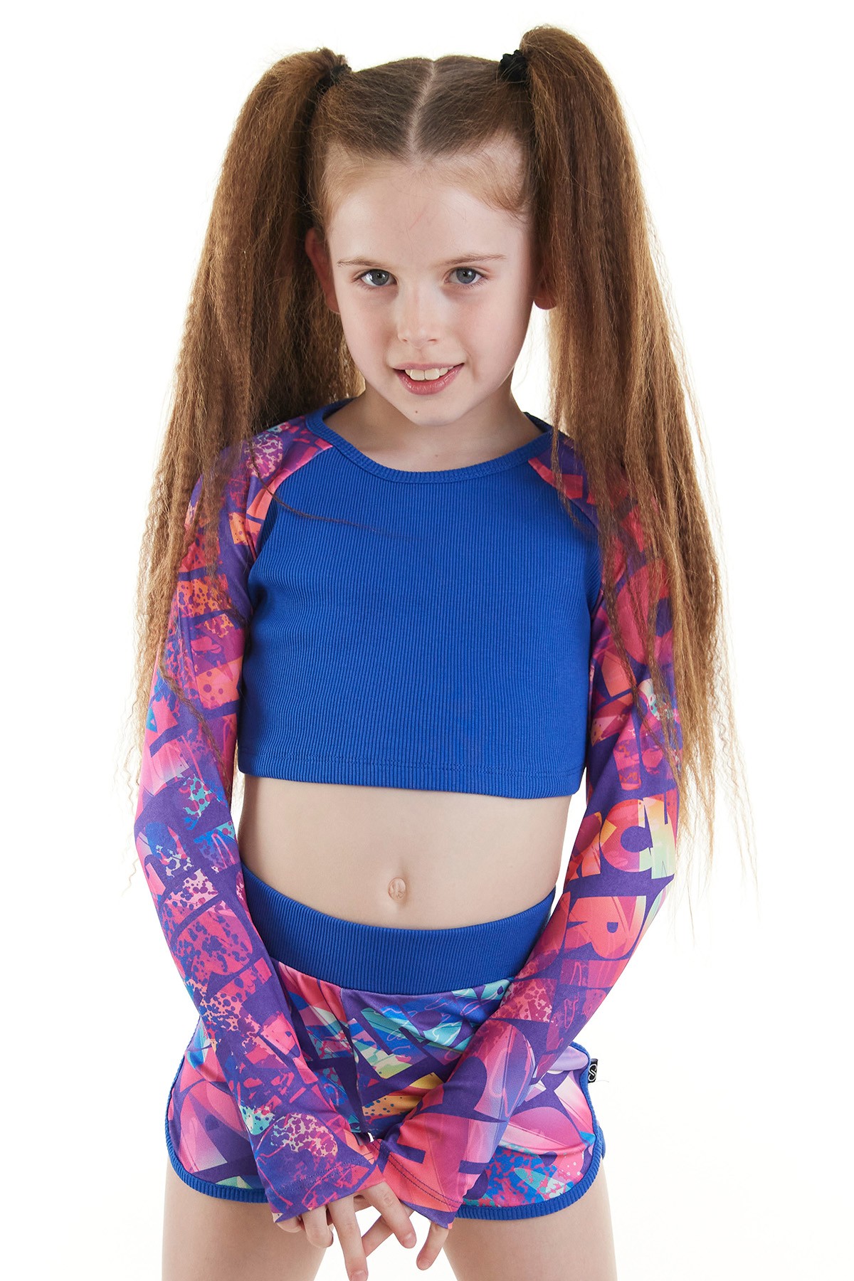 Tori Çiçek Desenli Uzun Kol Kız Çocuk Crop Sweatshirt - SAX MAVI