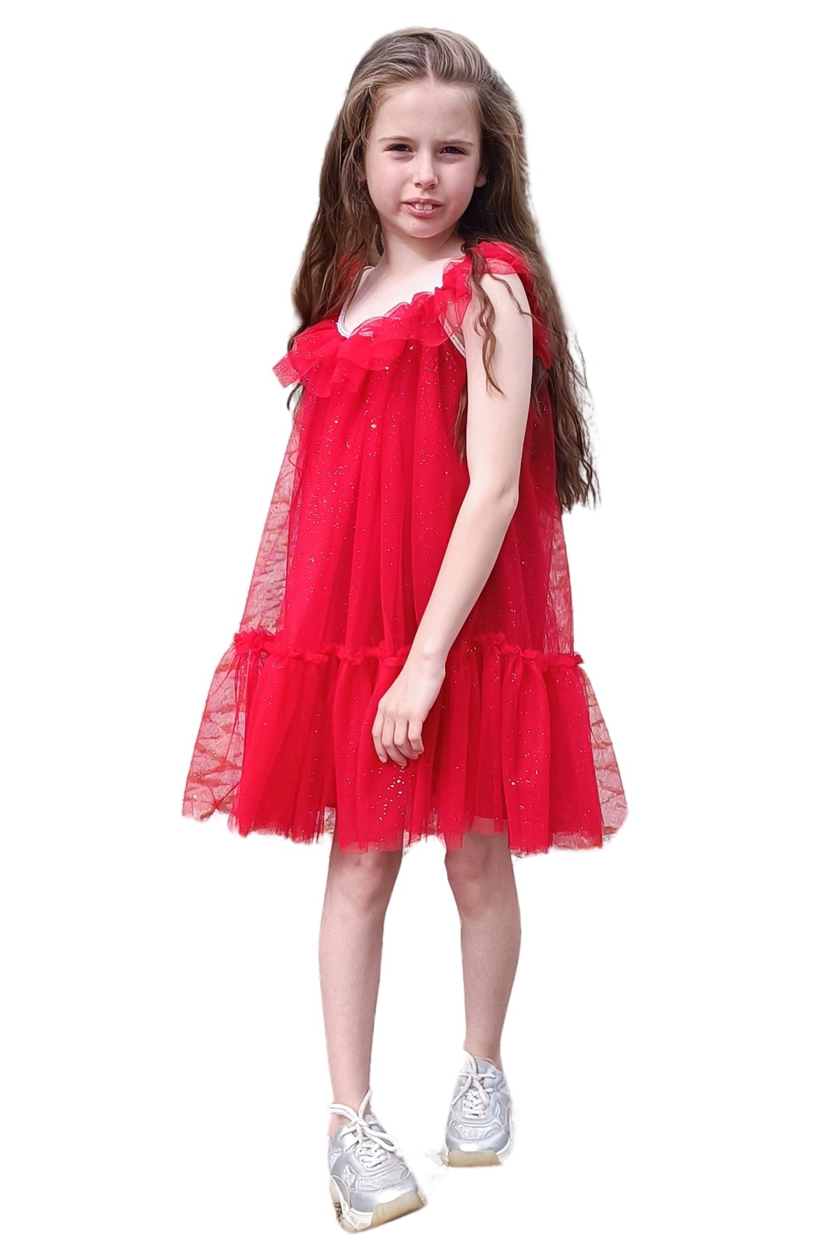 April Parlak Biyeli Yakası ve Eteği Fırfırlı Kız Çocuk Parti Elbisesi