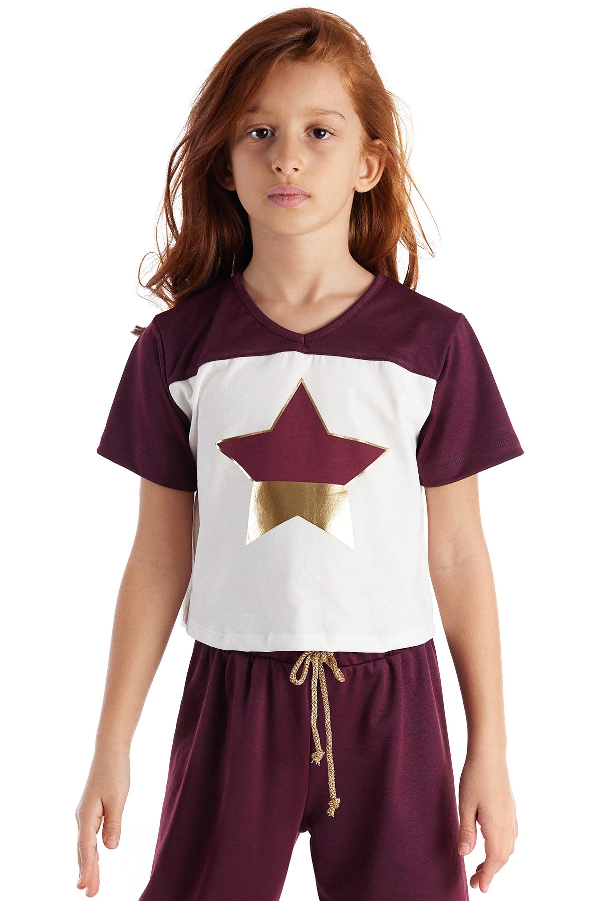 Burgundy Varak Yıldız Baskılı Kız Çocuk Kısa Kol Tişört