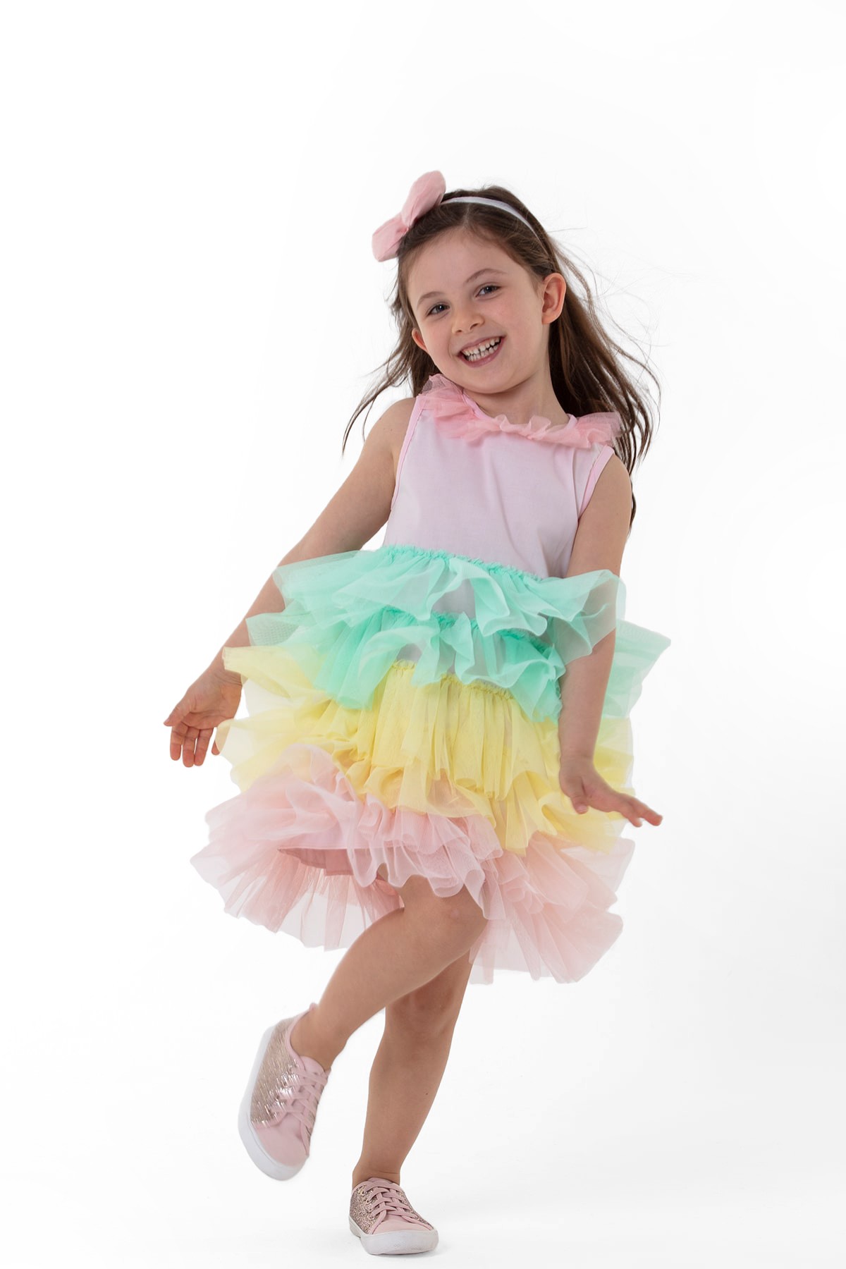 Rainbow Kolsuz Fırfırlı Kız Çocuk Tütü Elbise - PEMBE