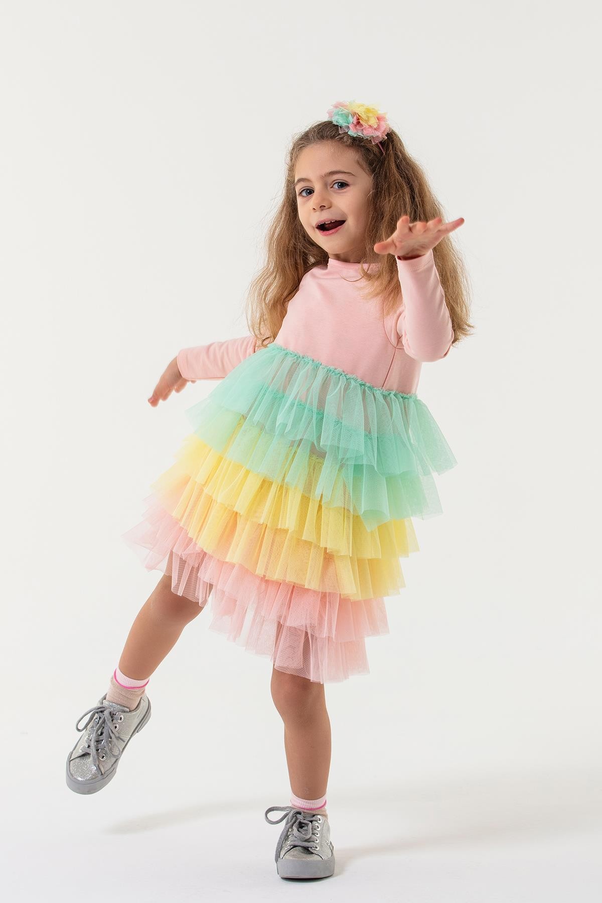 Rainbow Uzun Kollu Fırfırlı Tütü Kız Çocuk Elbise