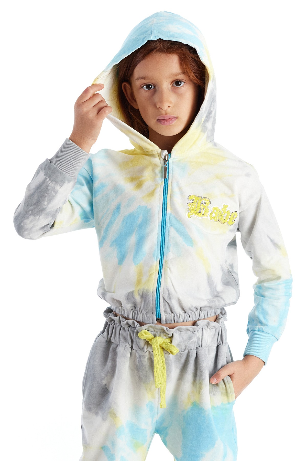 Batik Desenli Payet İşlemeli Kapişonlu Kız Çocuk Sweatshirt Hırka