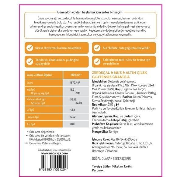 Naturiga Glutensiz Granola Zerdeçallı 250gr