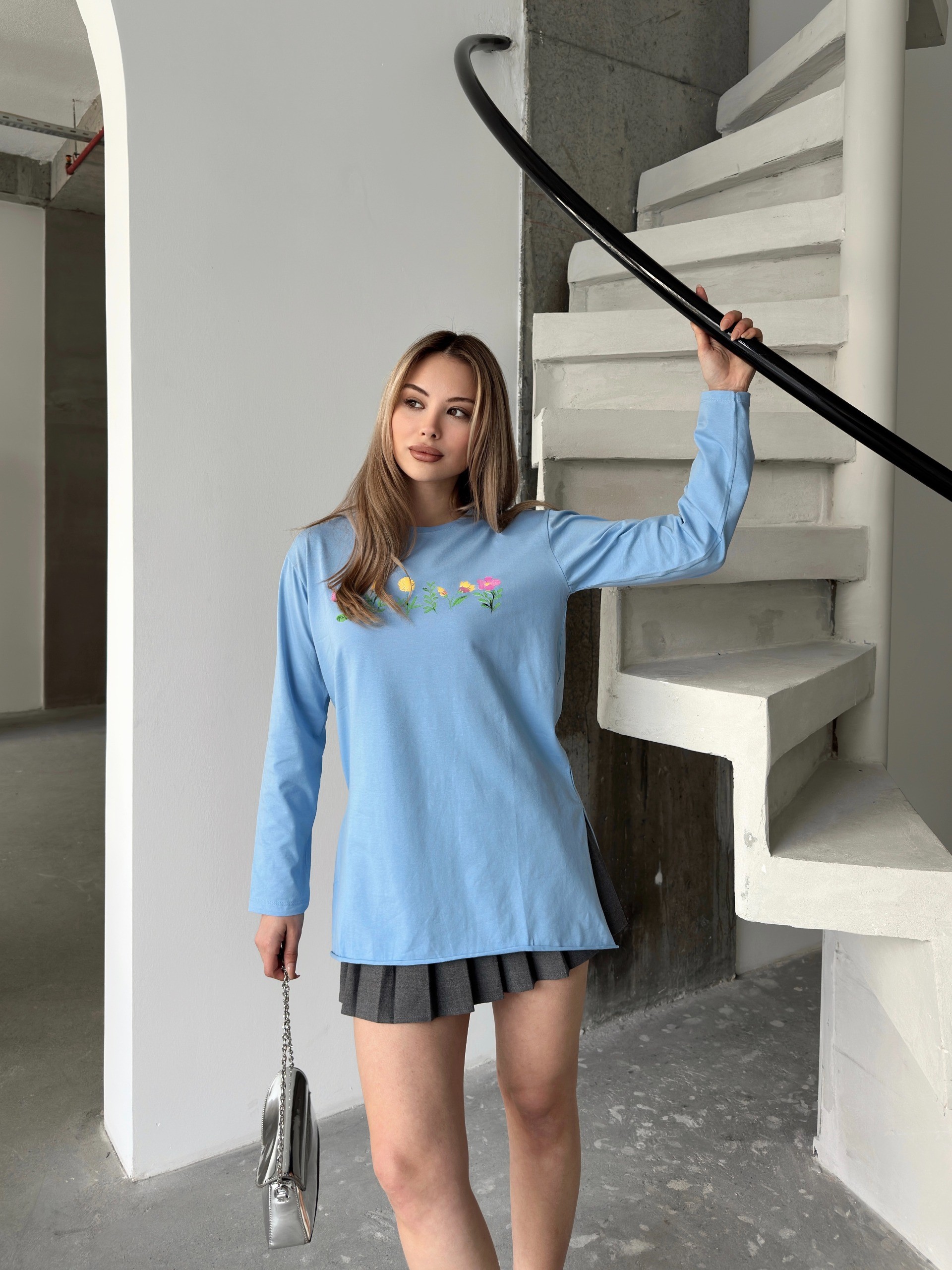 [SERİ] Çiçek Desenli Likralı Penye Elbise/Tunik - 20413 Bebe Mavi
