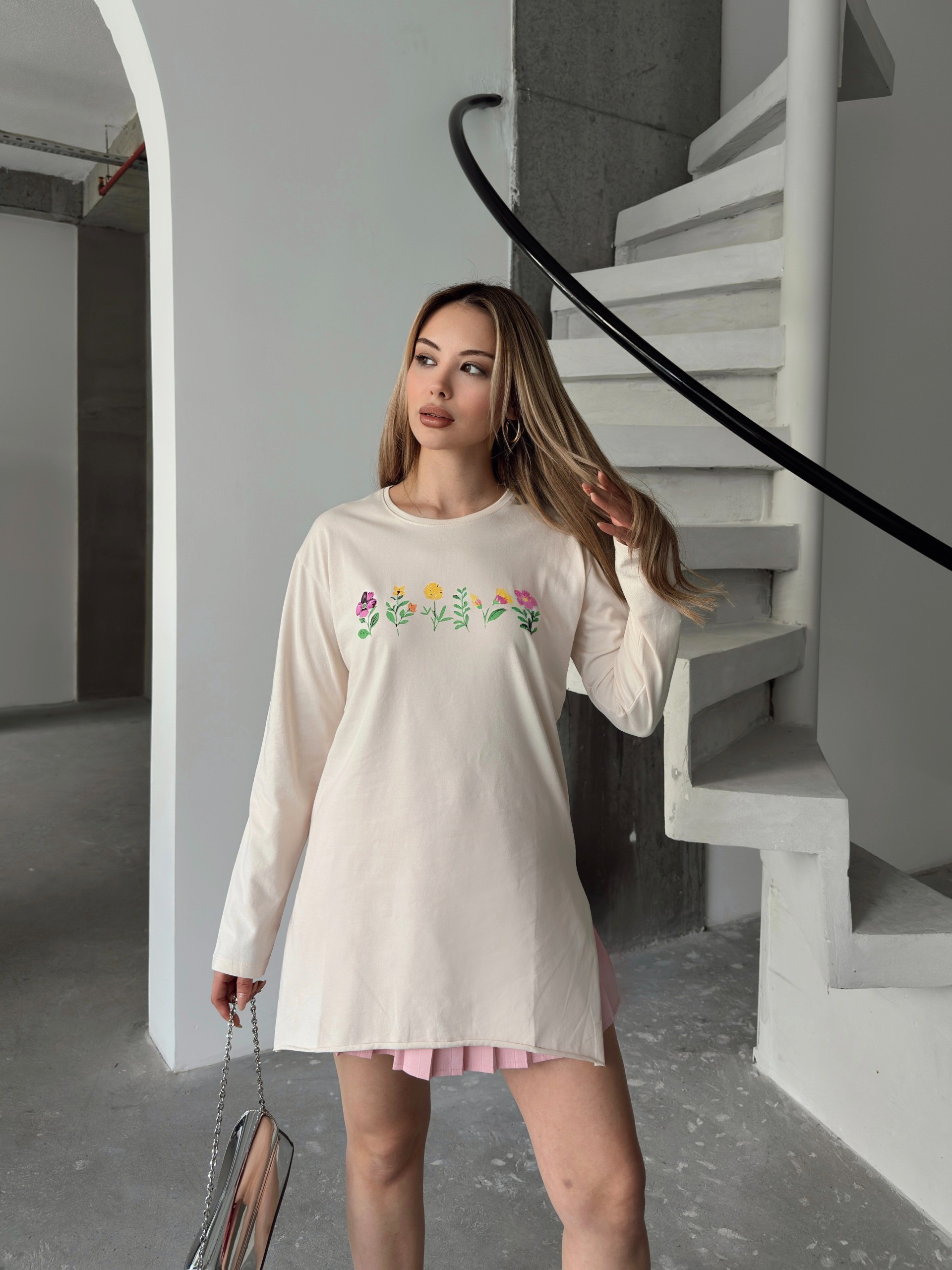 [SERİ] Çiçek Desenli Likralı Penye Elbise/Tunik - 20413 Bej