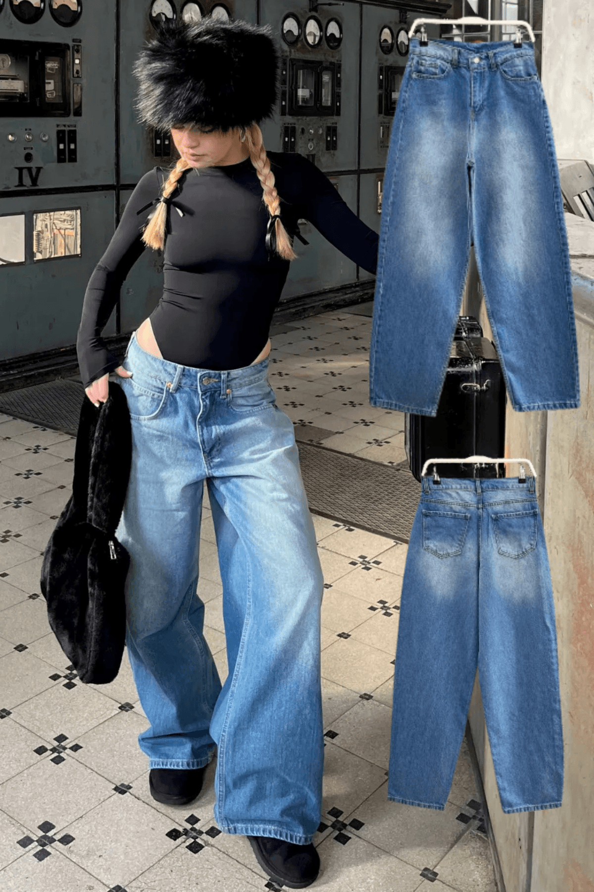 [SERİ] 20497 Geniş Dökümlü Paça Baggy Kot Pantolon - Retro Mavi