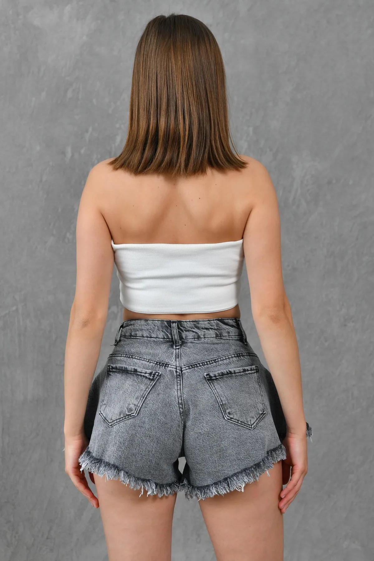 [SERİ] Püsküllü Kısa Kot Şort - 2509 Füme