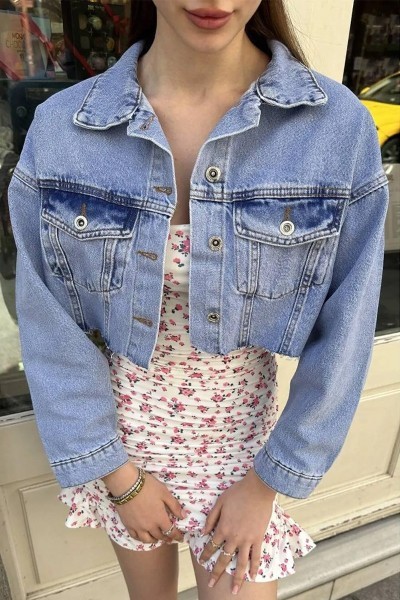 [SERİ] Crop Kot Ceket - 20438 Buz Mavi