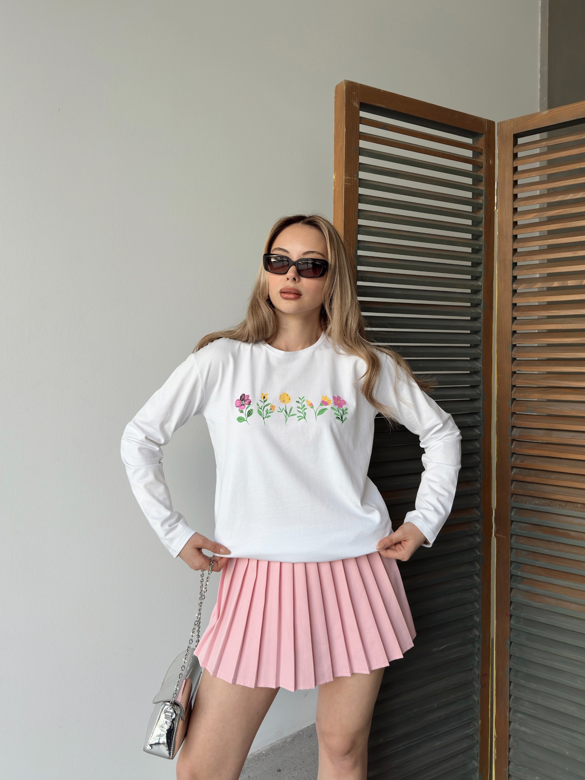 [SERİ] Çiçek Desenli Likralı Penye Elbise/Tunik - 20413 Ekru