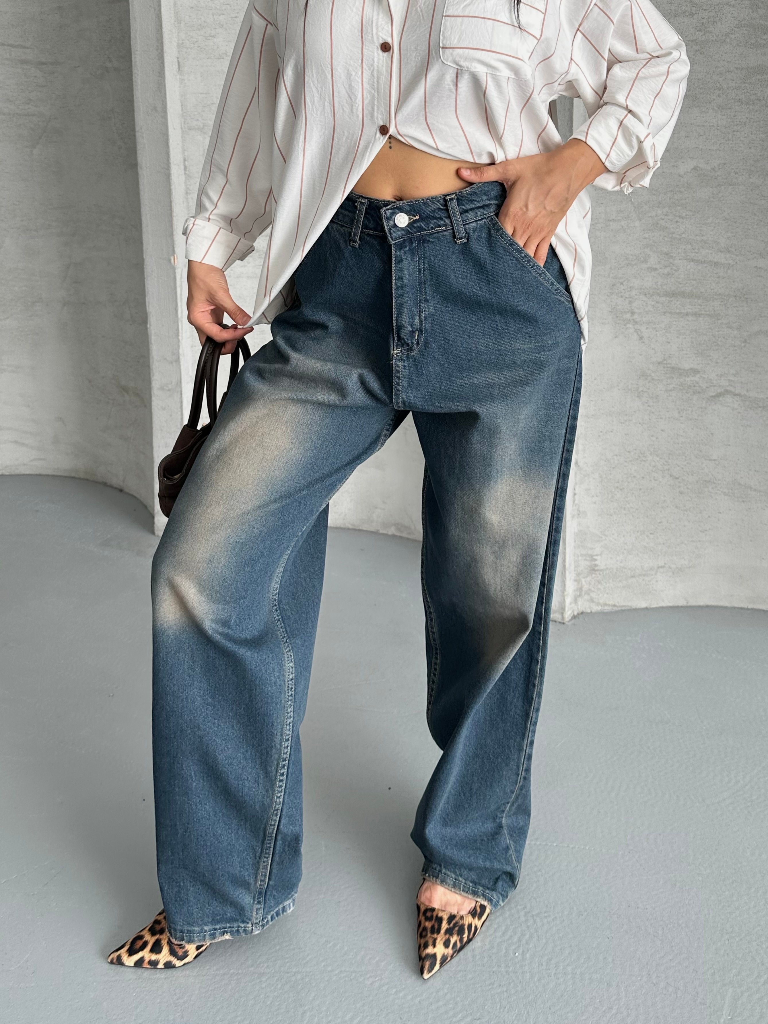 [SERİ] 2511 Yan Cepli Geniş Dökümlü Paça Baggy Kot Pantolon - Kahve Tint