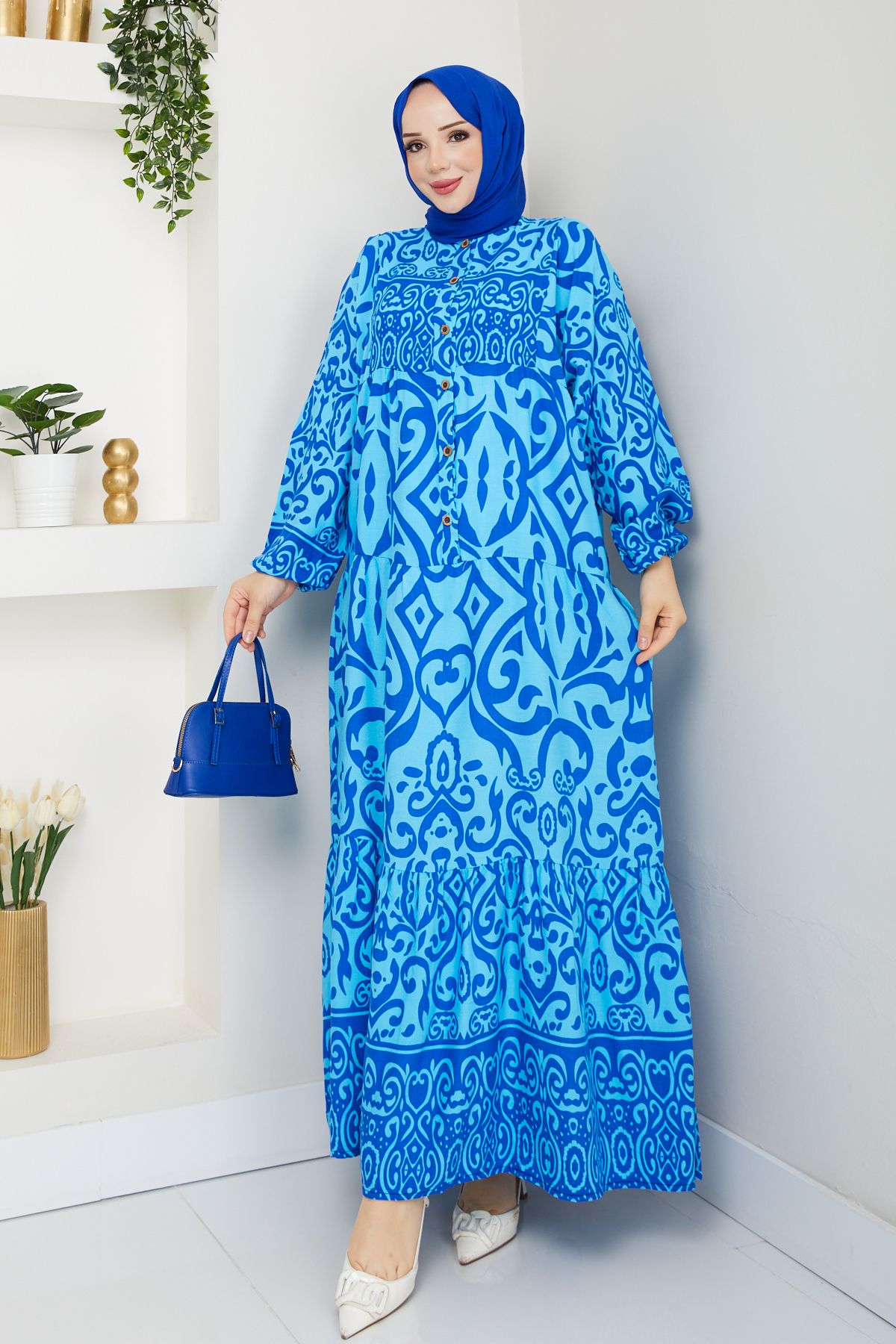 [SERİ] 20556 - Eteği Sulu Desenli Dokuma Viskon Elbise - Bebe Mavi