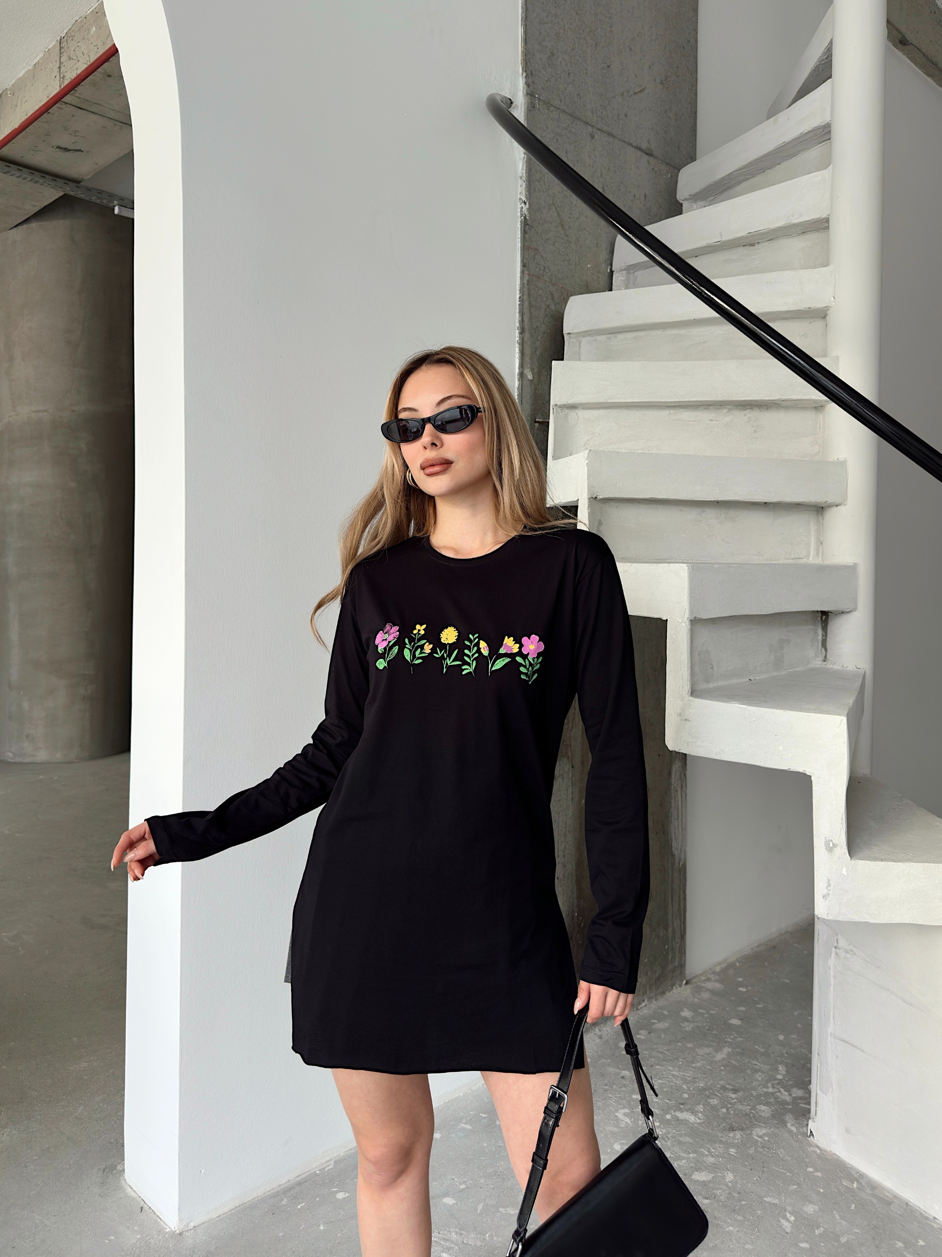 [SERİ] Çiçek Desenli Likralı Penye Elbise/Tunik - 20413 Siyah