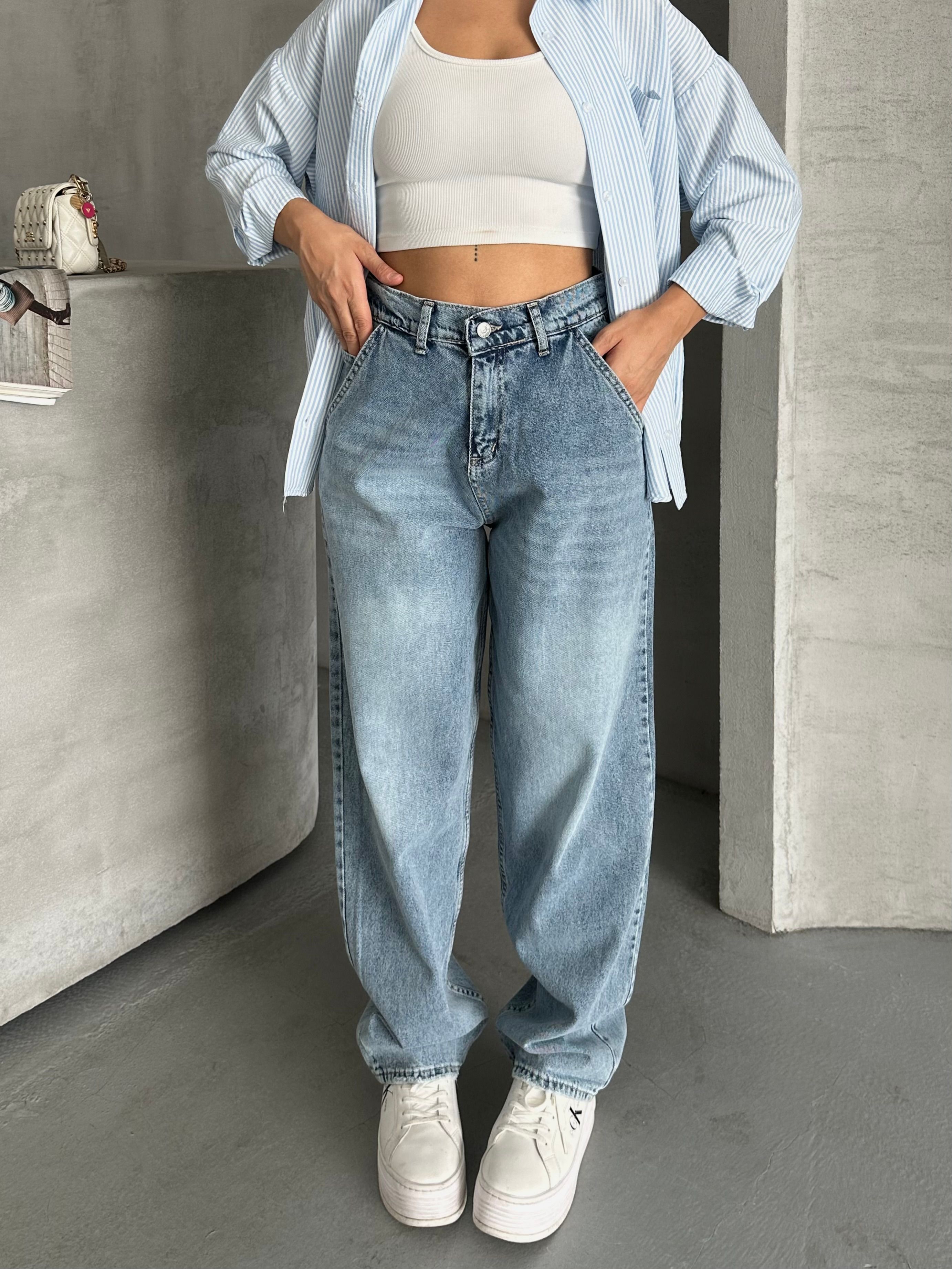 [SERİ] 2511 Yan Cepli Geniş Dökümlü Paça Baggy Kot Pantolon - Mavi
