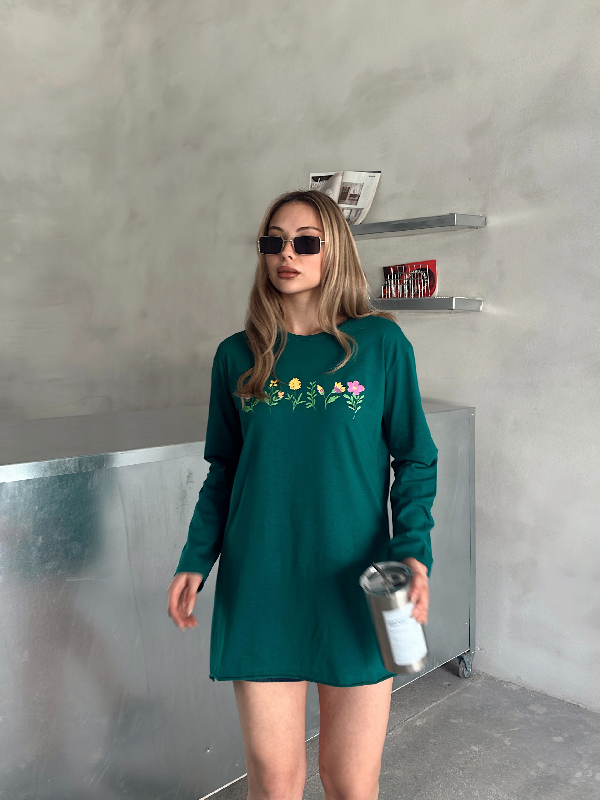 [SERİ] Çiçek Desenli Likralı Penye Elbise/Tunik - 20413 Zümrüt