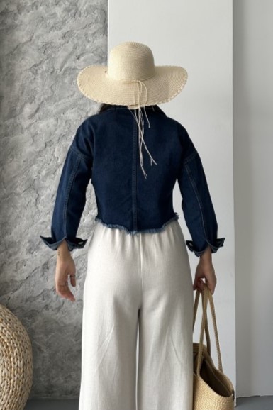 [SERİ] Çift Kapaklı Püsküllü Crop Kot Ceket - 2002 Koyu Mavi