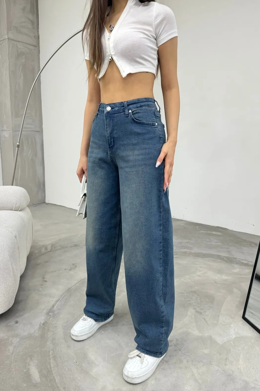 [SERİ] 20497 Geniş Dökümlü Paça Baggy Kot Pantolon - Retro Koyu Mavi