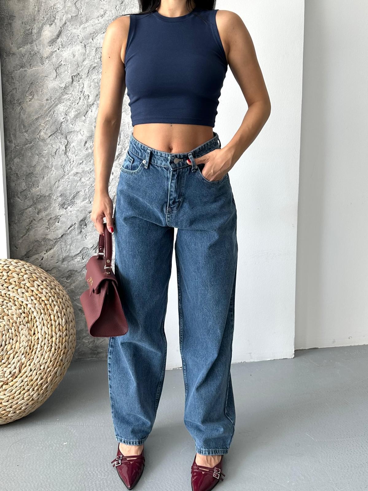 [SERİ] 2007 Geniş Dökümlü Paça Baggy Kot Pantolon - D.Mavi