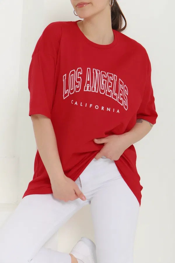[SERİ]  Oversize Baskılı T- Shirt- 20524 Kırmızı