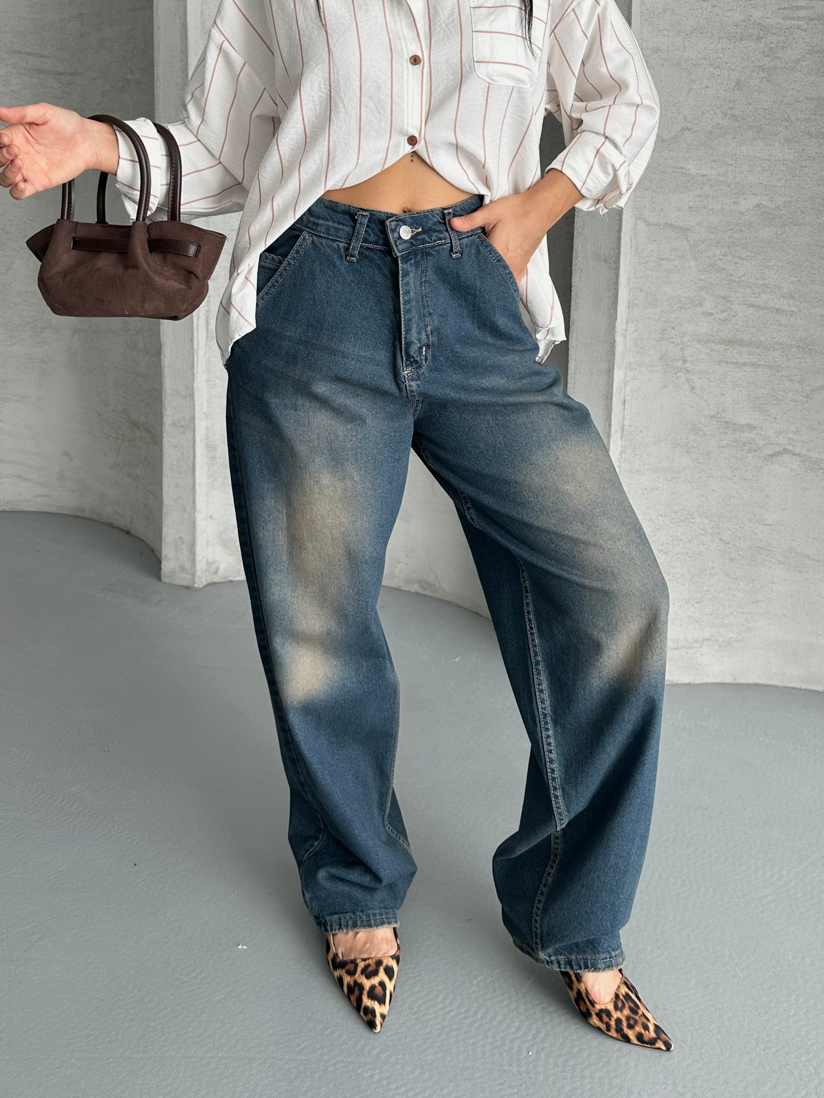 [SERİ] 2511 Yan Cepli Geniş Dökümlü Paça Baggy Kot Pantolon - Kahve Tint