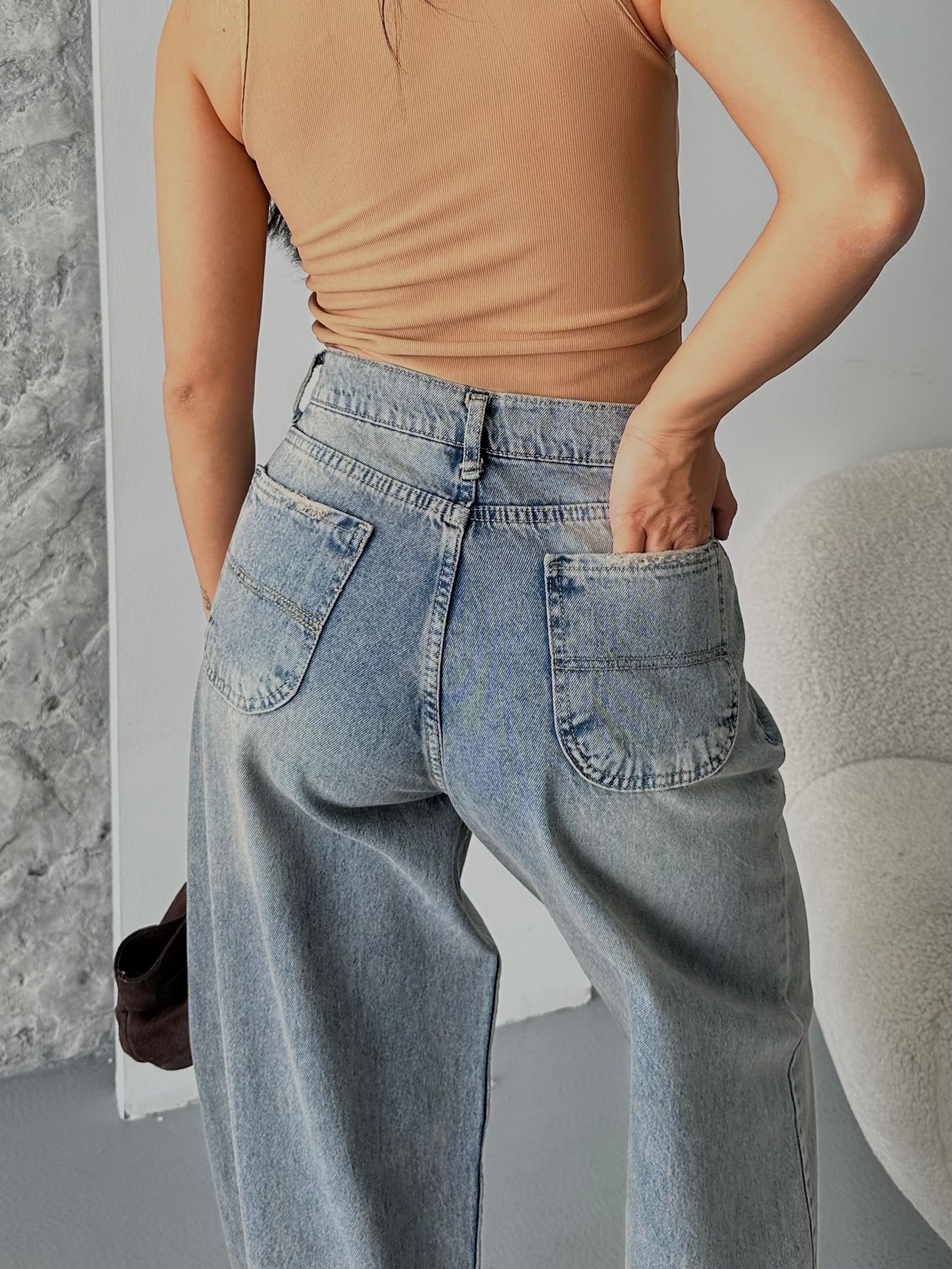 [SERİ] 2511 Yan Cepli Geniş Dökümlü Paça Baggy Kot Pantolon - Eskitme Kahve 