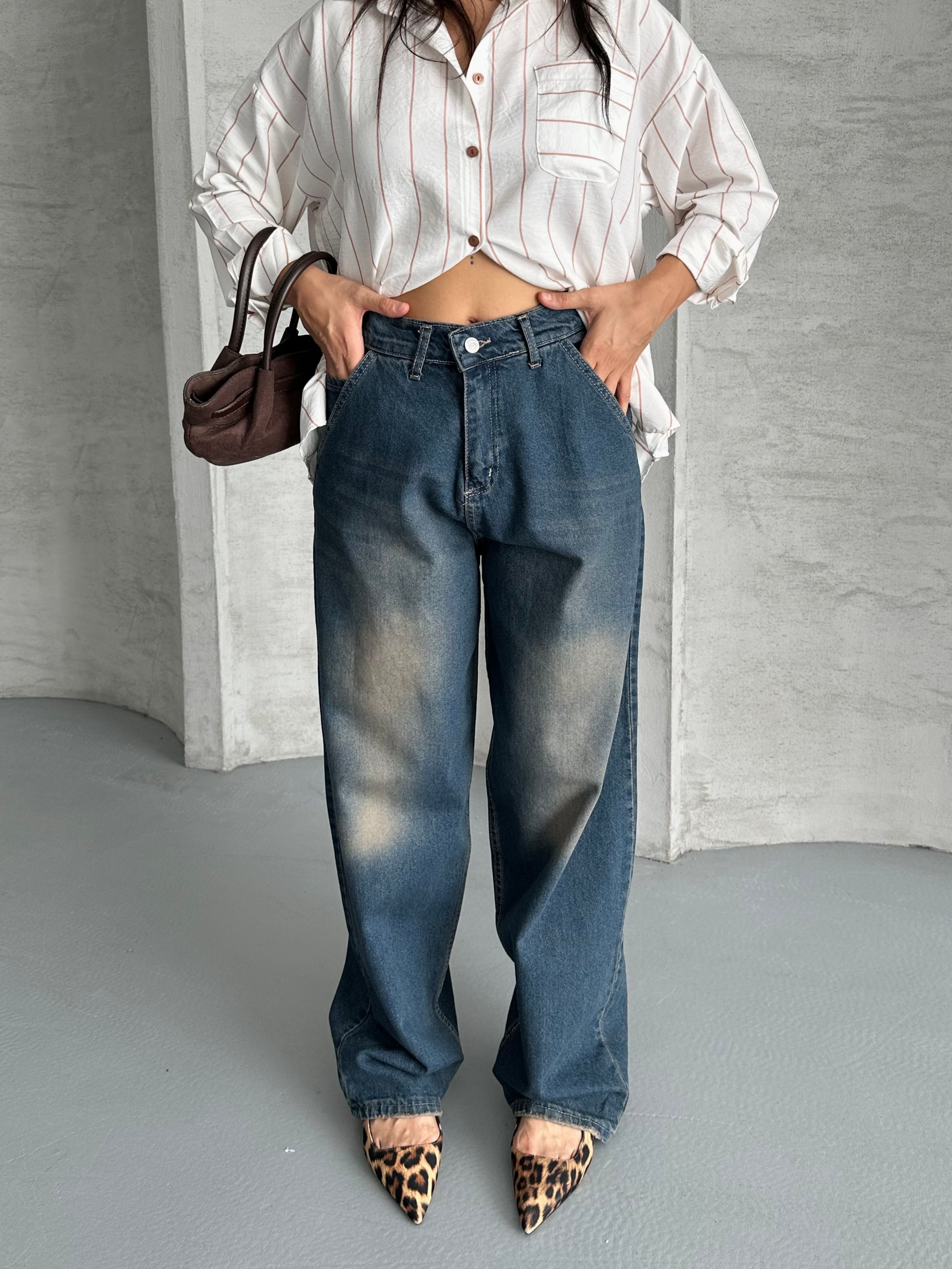 [SERİ] 2511 Yan Cepli Geniş Dökümlü Paça Baggy Kot Pantolon - Kahve Tint