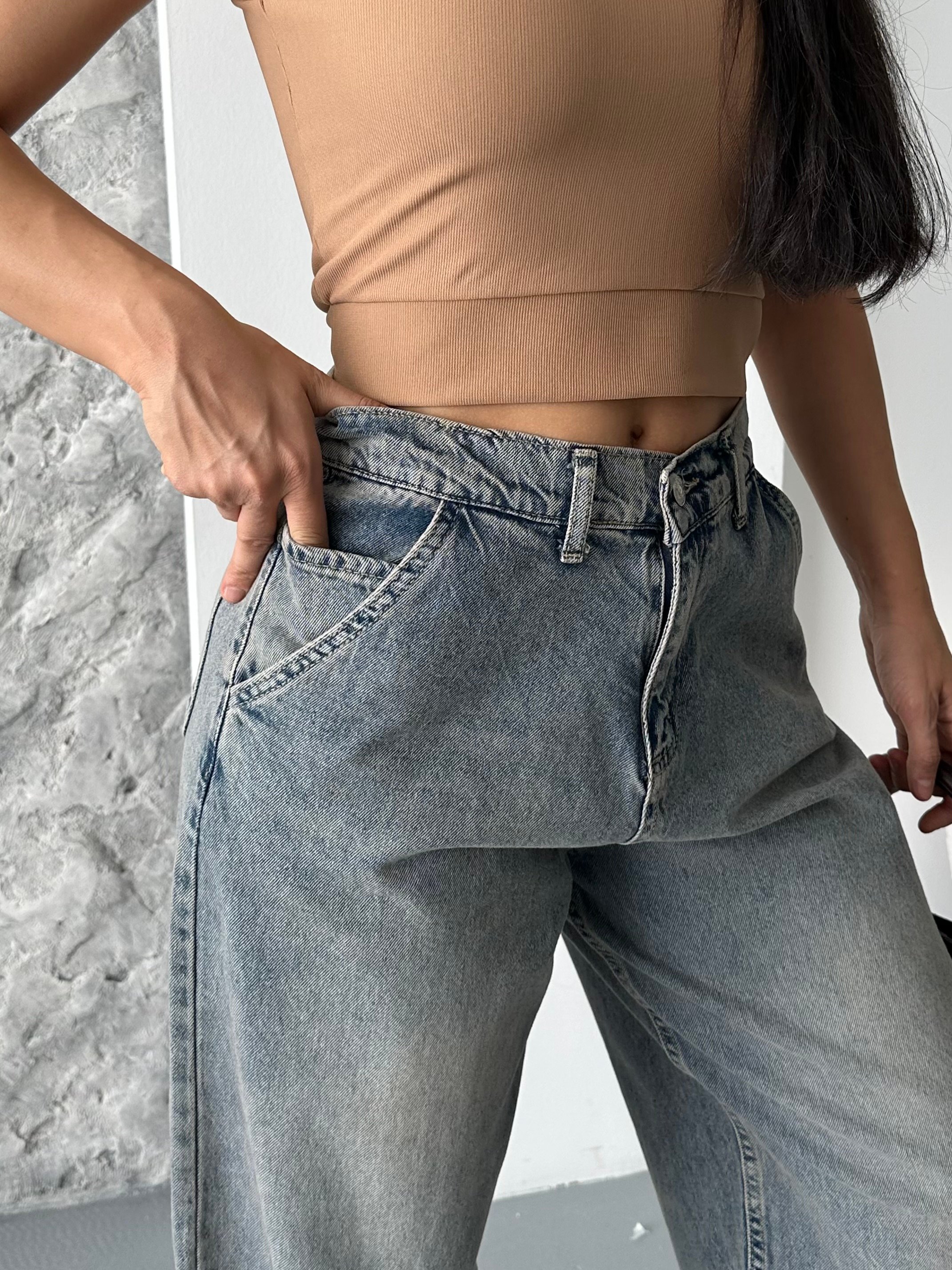 [SERİ] 2511 Yan Cepli Geniş Dökümlü Paça Baggy Kot Pantolon - Eskitme Kahve 