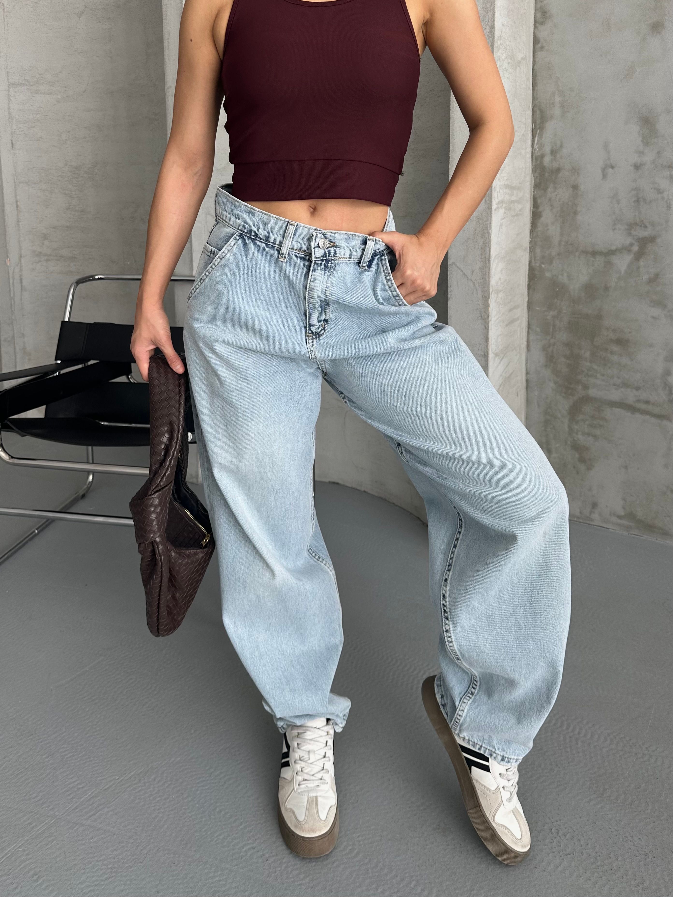[SERİ] 2511 Yan Cepli Geniş Dökümlü Paça Baggy Kot Pantolon - Buz Mavi