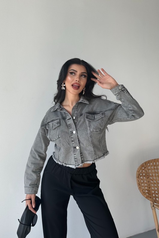 [SERİ] Çift Kapaklı Püsküllü Crop Kot Ceket - 2002  Füme