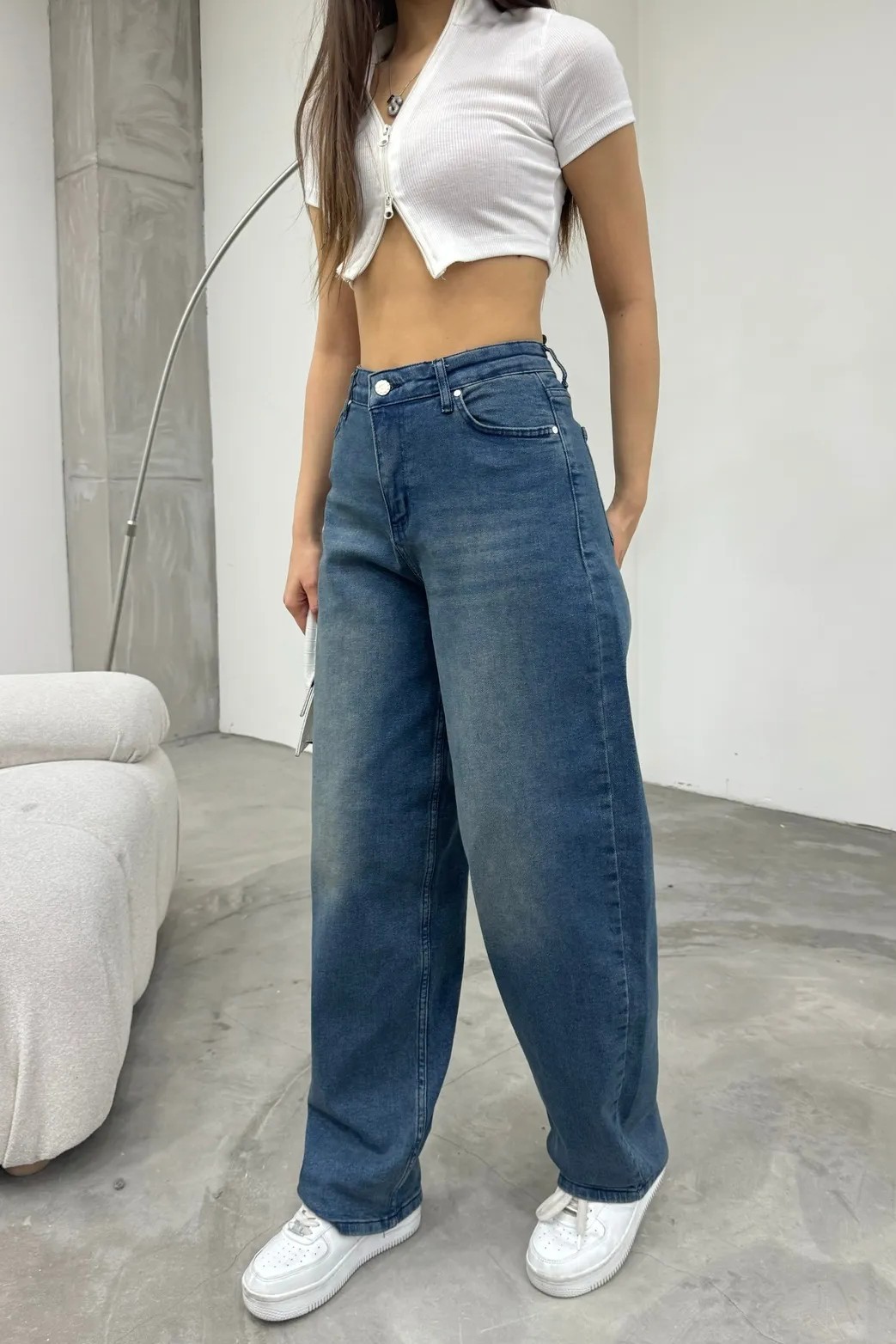 [SERİ] 20497 Geniş Dökümlü Paça Baggy Kot Pantolon - Retro Koyu Mavi