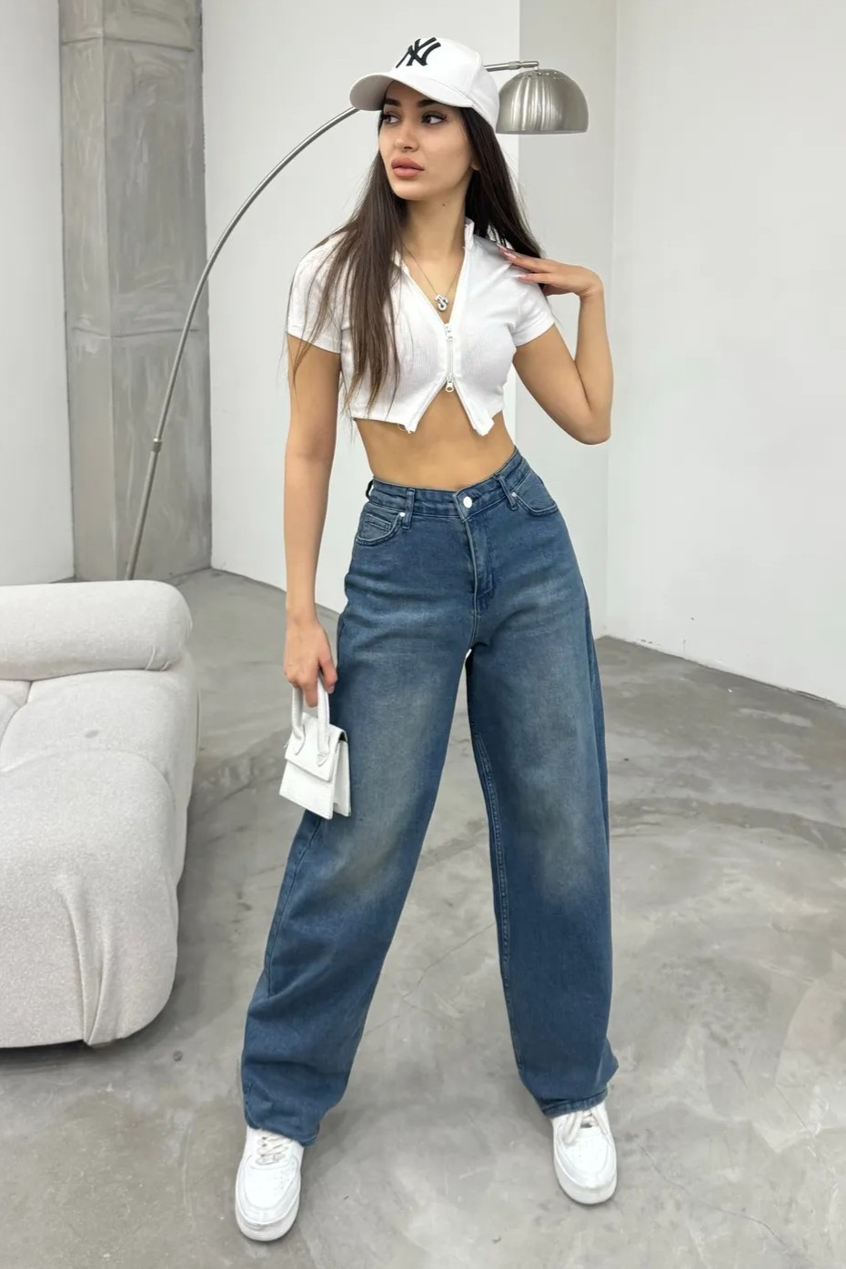 [SERİ] 20497 Geniş Dökümlü Paça Baggy Kot Pantolon - Retro Koyu Mavi
