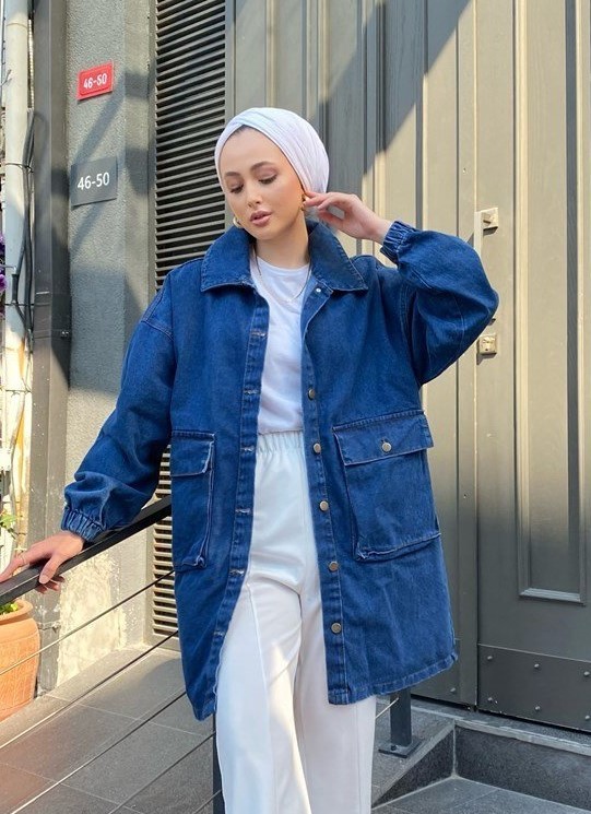 [SERİ] Oversize Uzun Kot Ceket - 20465 - Koyu Mavi