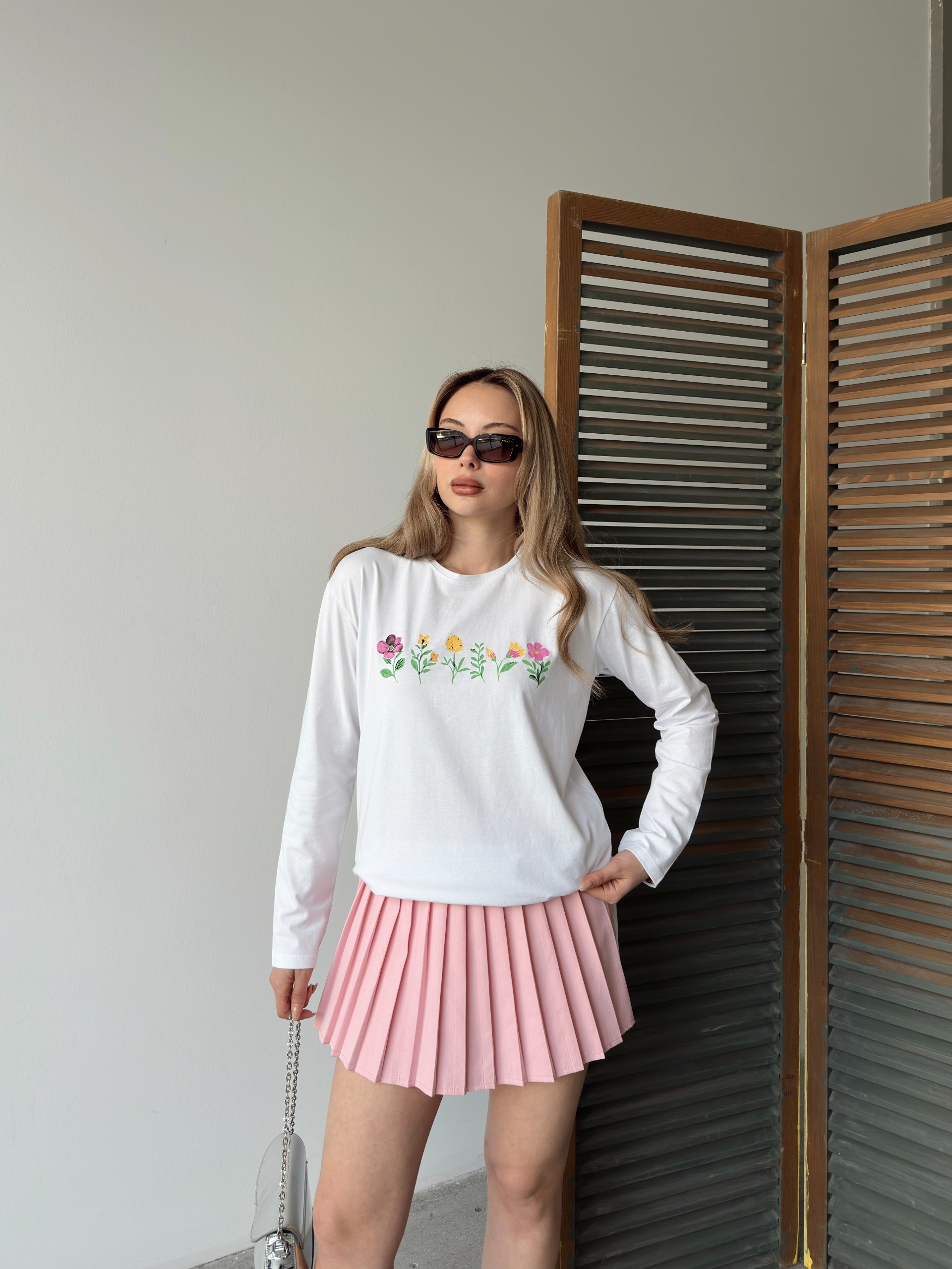 [SERİ] Çiçek Desenli Likralı Penye Elbise/Tunik - 20413 Ekru