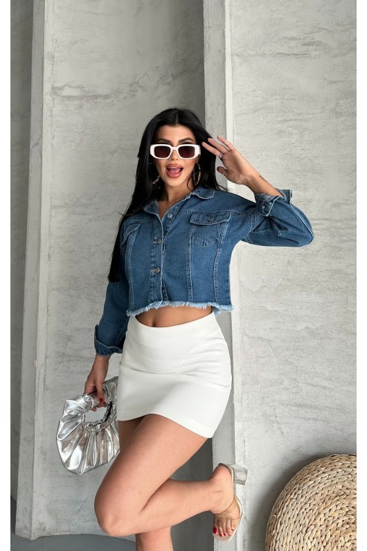 [SERİ] Çift Kapaklı Püsküllü Crop Kot Ceket - 2002  Mavi