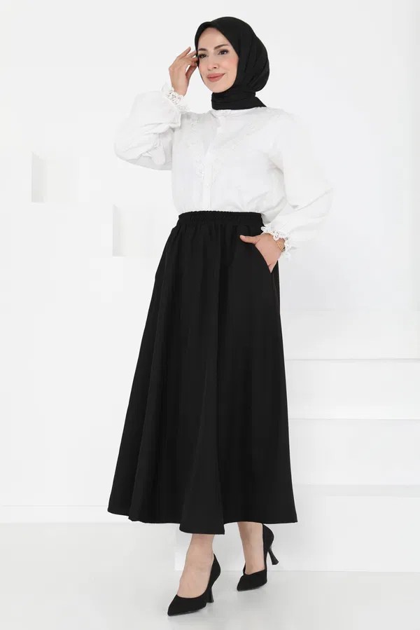 [SERİ] Cepli Keten Etek - 20548 Siyah