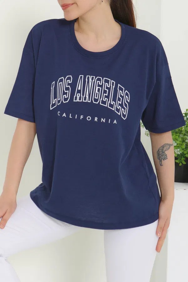 [SERİ]  Oversize Baskılı T- Shirt- 20524 Lacivert