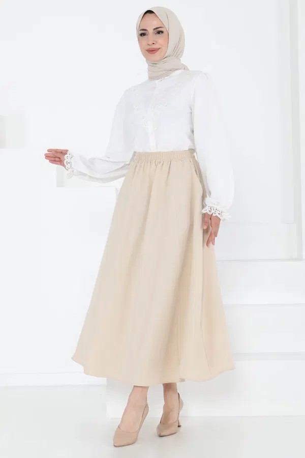 [SERİ] Cepli Keten Etek - 20548 Bej