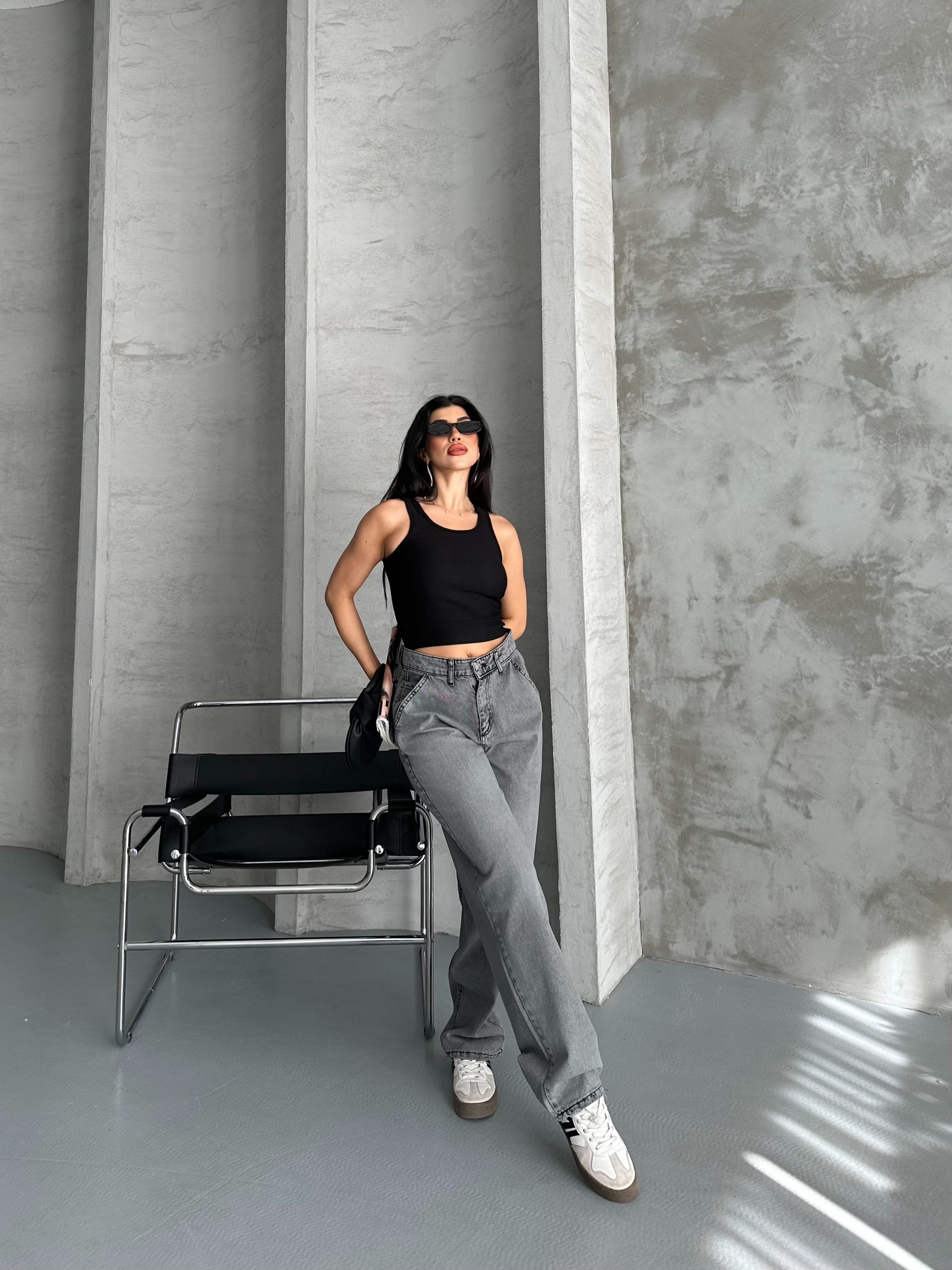 [SERİ] 2511 Yan Cepli Geniş Dökümlü Paça Baggy Kot Pantolon - Füme