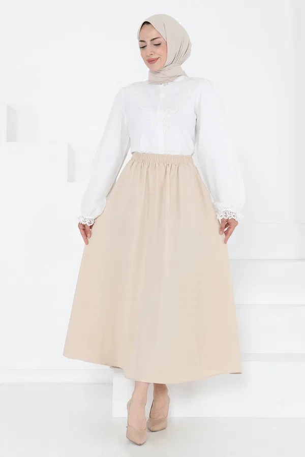 [SERİ] Cepli Keten Etek - 20548 Bej