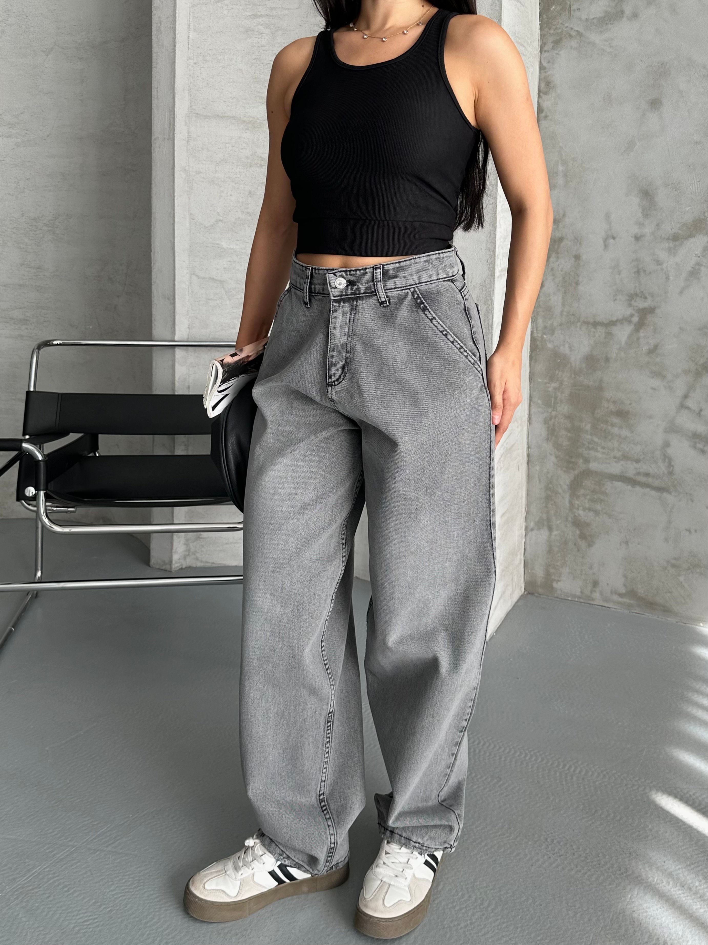 [SERİ] 2511 Yan Cepli Geniş Dökümlü Paça Baggy Kot Pantolon - Füme