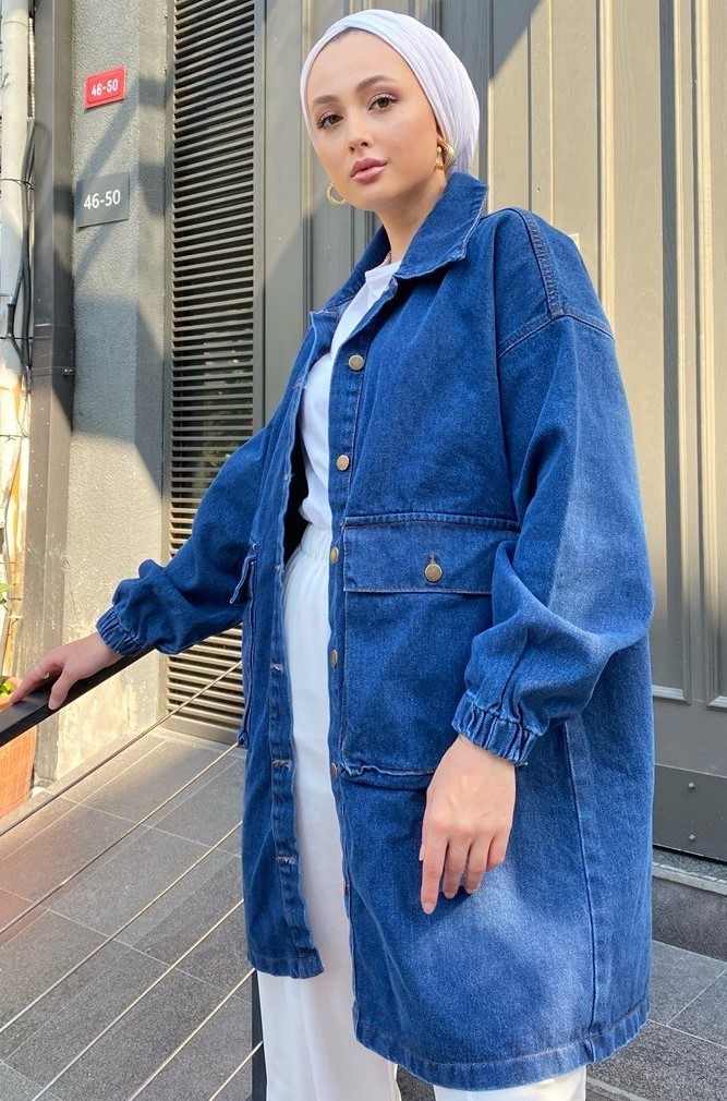 [SERİ] Oversize Uzun Kot Ceket - 20465 - Koyu Mavi