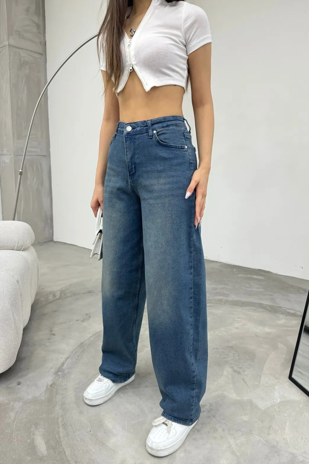 [SERİ] 20497 Geniş Dökümlü Paça Baggy Kot Pantolon - Retro Koyu Mavi