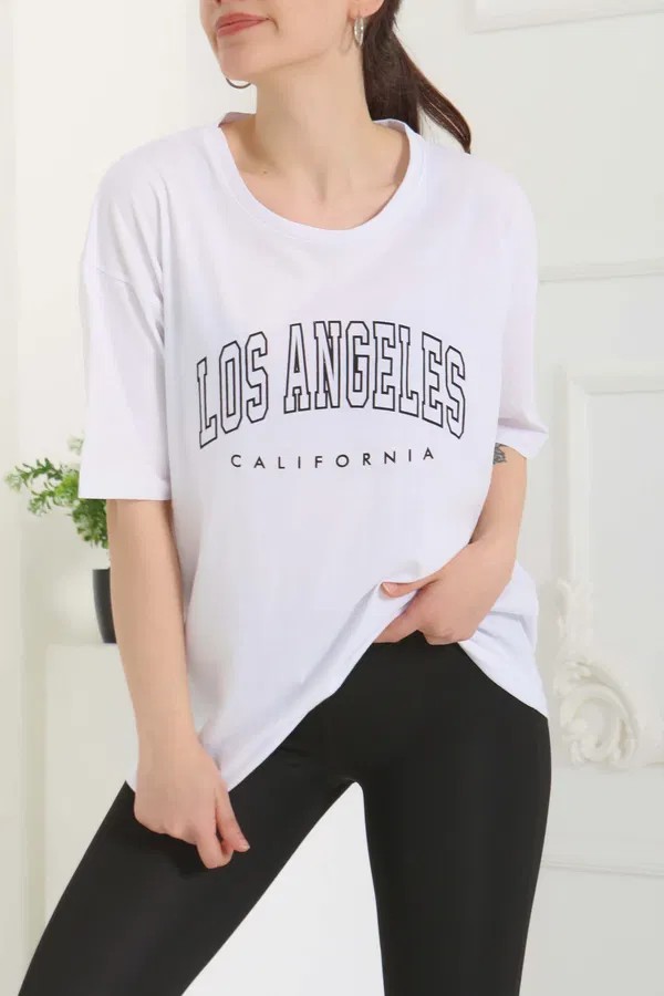 [SERİ]  Oversize Baskılı T- Shirt- 20524 Beyaz