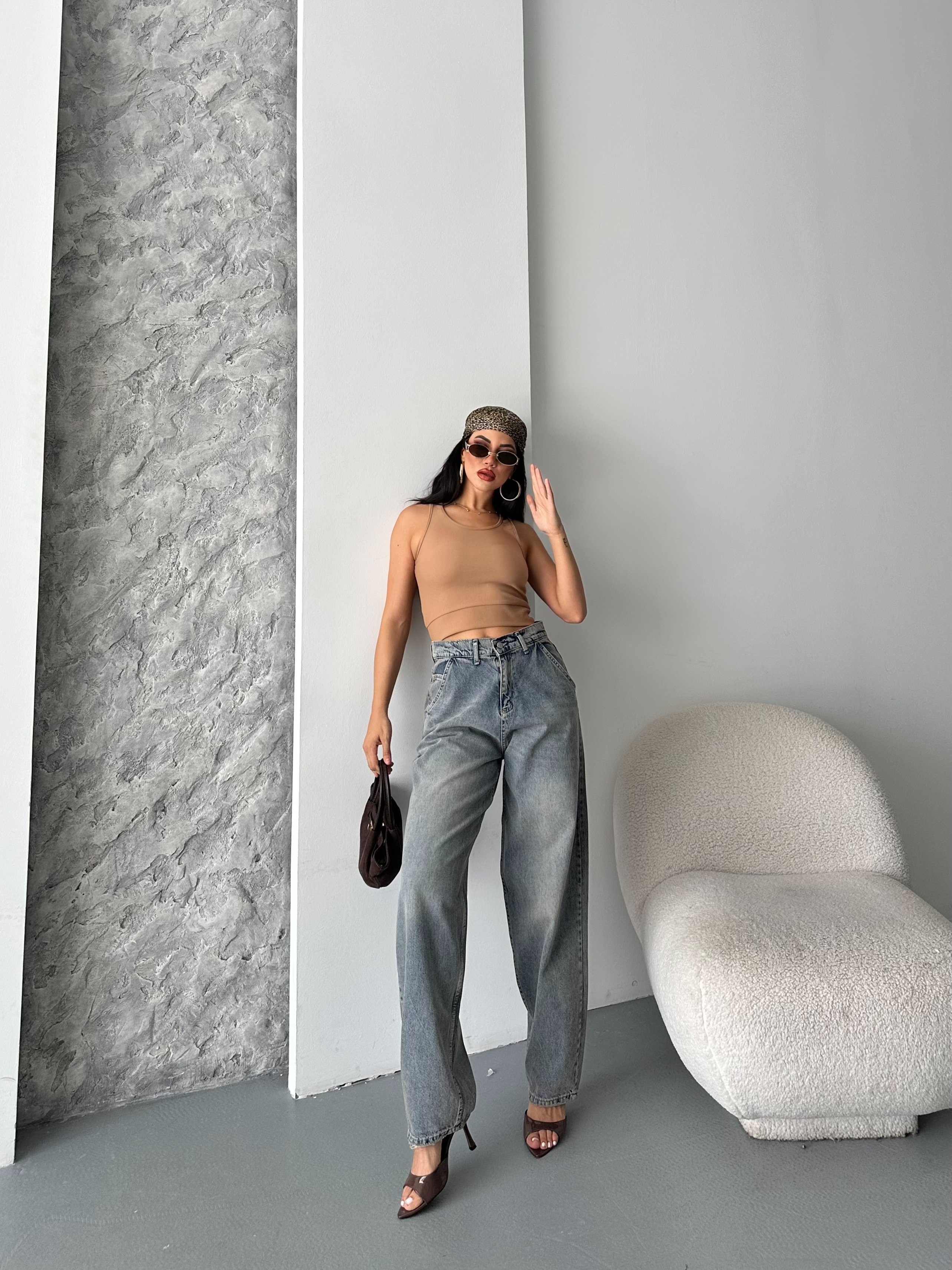 [SERİ] 2511 Yan Cepli Geniş Dökümlü Paça Baggy Kot Pantolon - Eskitme Kahve 