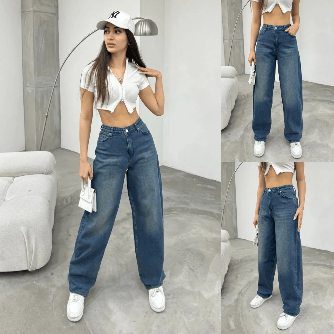 [SERİ] 20497 Geniş Dökümlü Paça Baggy Kot Pantolon - Retro Koyu Mavi