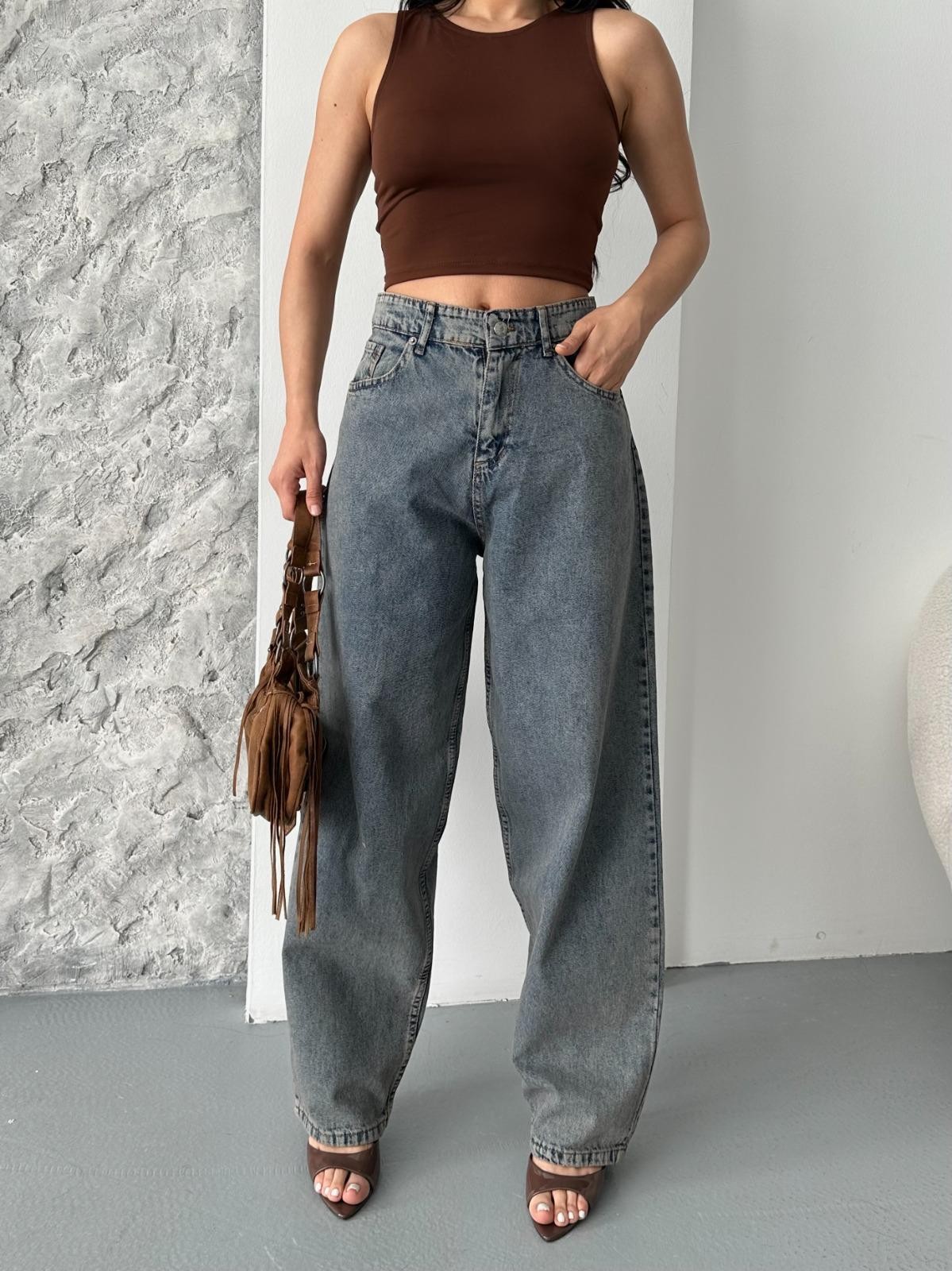 [SERİ] 2007 Geniş Dökümlü Paça Baggy Kot Pantolon - Kahve 