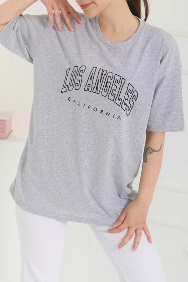 [SERİ]  Oversize Baskılı T- Shirt- 20524 Gri