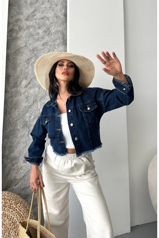[SERİ] Çift Kapaklı Püsküllü Crop Kot Ceket - 2002 Koyu Mavi