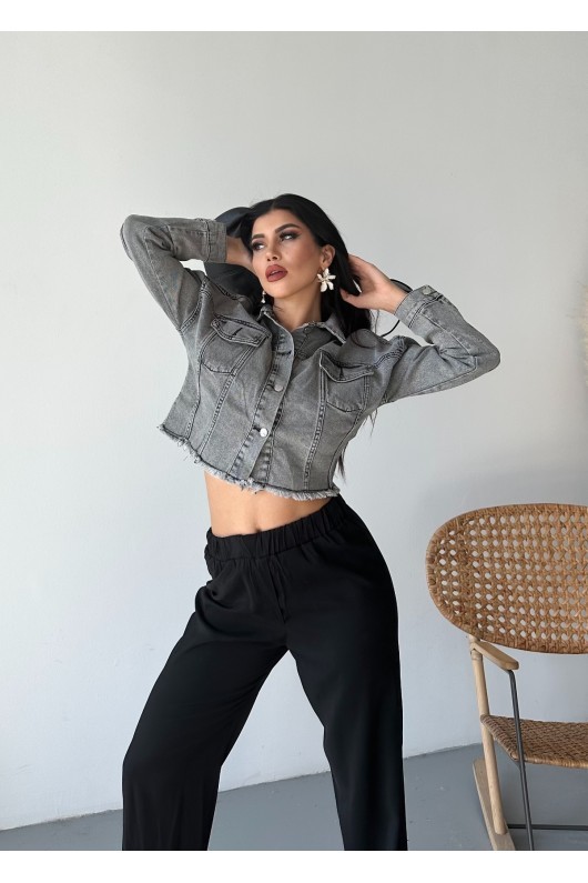 [SERİ] Çift Kapaklı Püsküllü Crop Kot Ceket - 2002  Füme