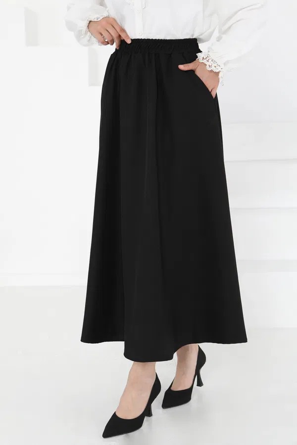 [SERİ] Cepli Keten Etek - 20548 Siyah